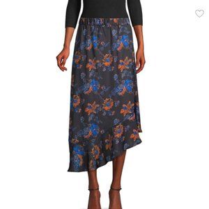 Floral printed midi asymmetric skirt black blue S NWT